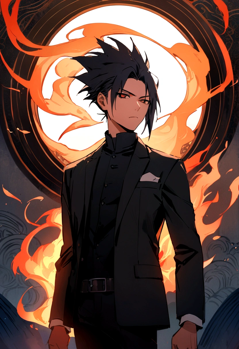(best quality), oriental detailed background, one man wearing a black suit has flame power, the man become one with flame , the man has sasuke uchiha hairstyle