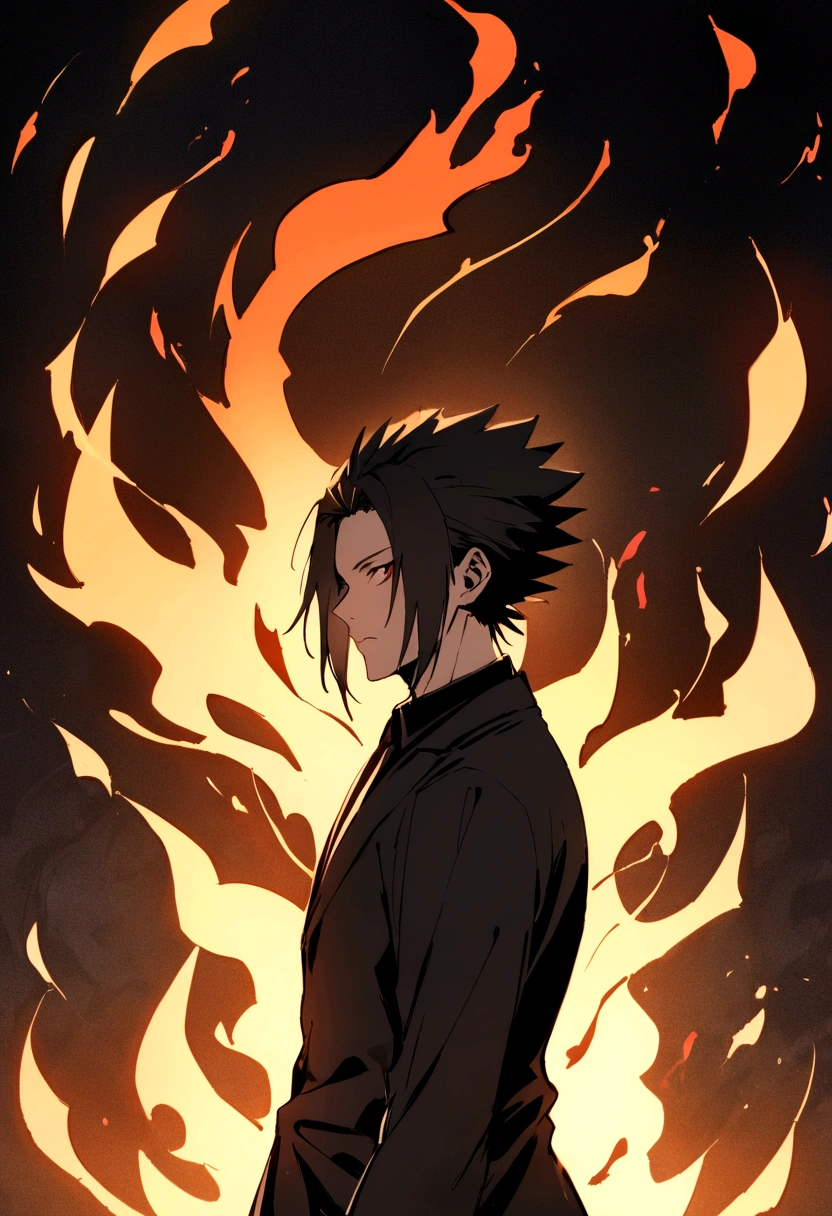 (best quality), oriental detailed background, one man wearing a black suit has flame power, the man become one with flame , the man has sasuke uchiha hairstyle