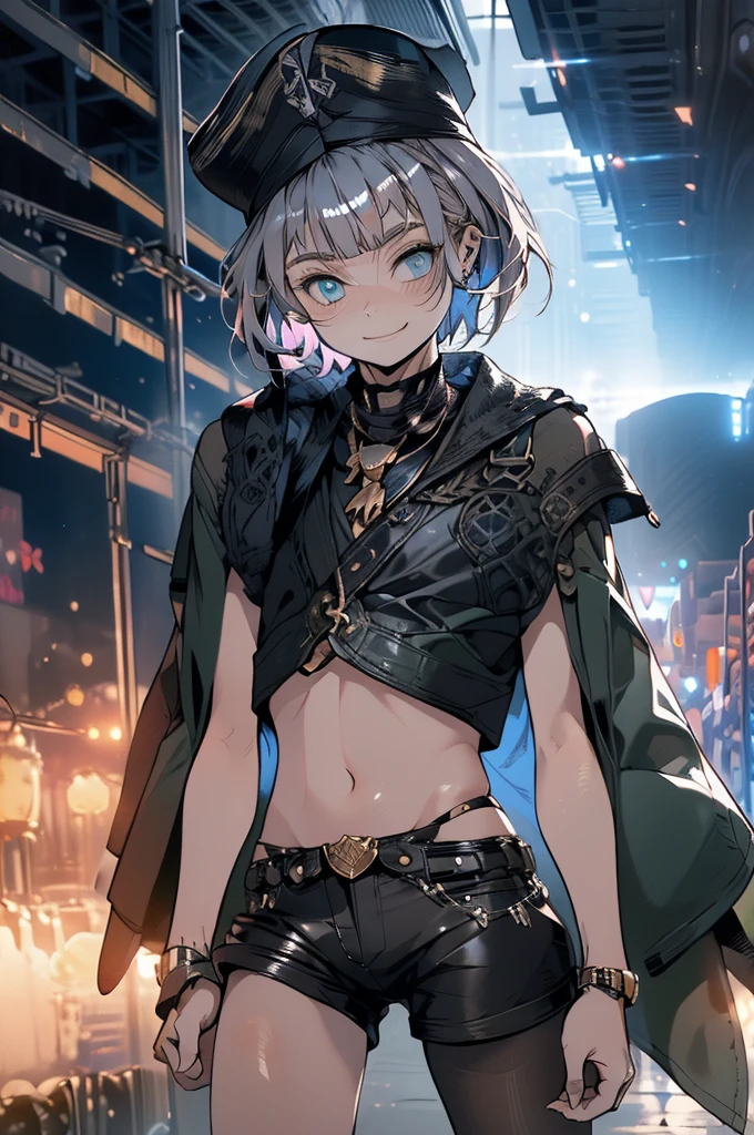 (masterpiece, very high quality, perfect anatomy) medieval world, 1 man, young, slender, small, thick thighs short silver hair, bangs, sea green eyes (black pirate hat, black vest, short leather shorts) exposed belly, on a pirate ship, slutty smile, flushed face, excited expression, sensual, erotic, bitch