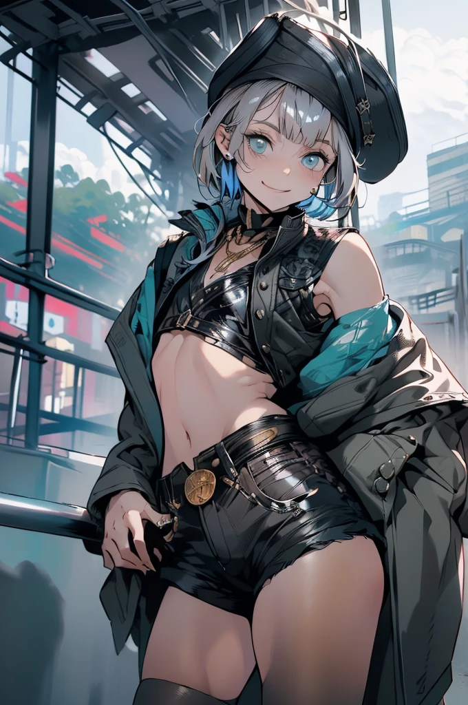 (masterpiece, very high quality, perfect anatomy) medieval world, 1 man, young, slender, small, thick thighs short silver hair, bangs, sea green eyes (black pirate hat, black vest, short leather shorts) exposed belly, on a pirate ship, slutty smile, flushed face, excited expression, sensual, erotic, bitch