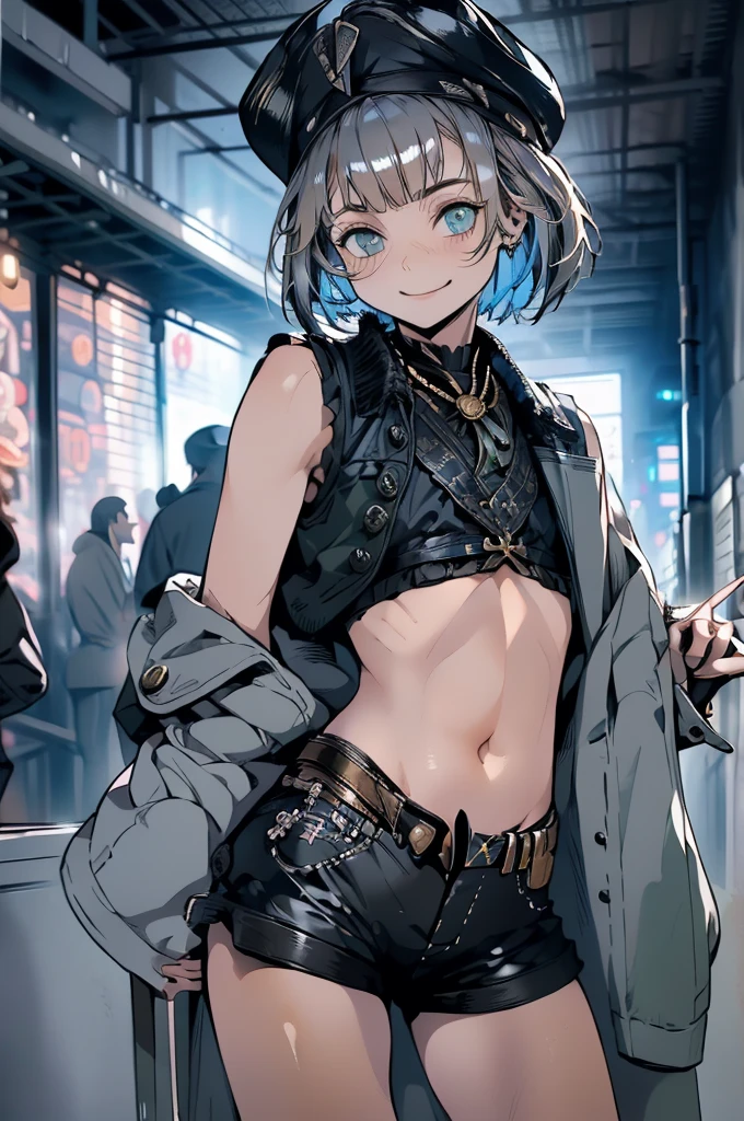 (masterpiece, very high quality, perfect anatomy) medieval world, 1 man, young, slender, small, thick thighs short silver hair, bangs, sea green eyes (black pirate hat, black vest, short leather shorts) exposed belly, on a pirate ship, slutty smile, flushed face, excited expression, sensual, erotic, bitch