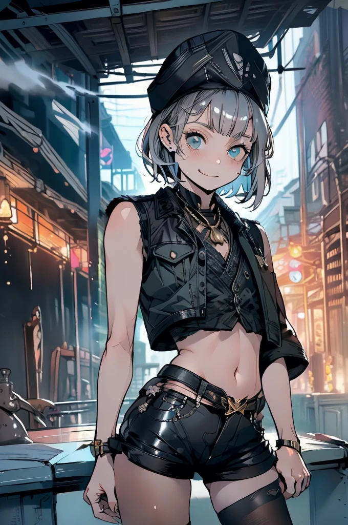 (masterpiece, very high quality, perfect anatomy) medieval world, 1 man, young, slender, small, thick thighs short silver hair, bangs, sea green eyes (black pirate hat, black vest, short leather shorts) exposed belly, on a pirate ship, slutty smile, flushed face, excited expression, sensual, erotic, bitch