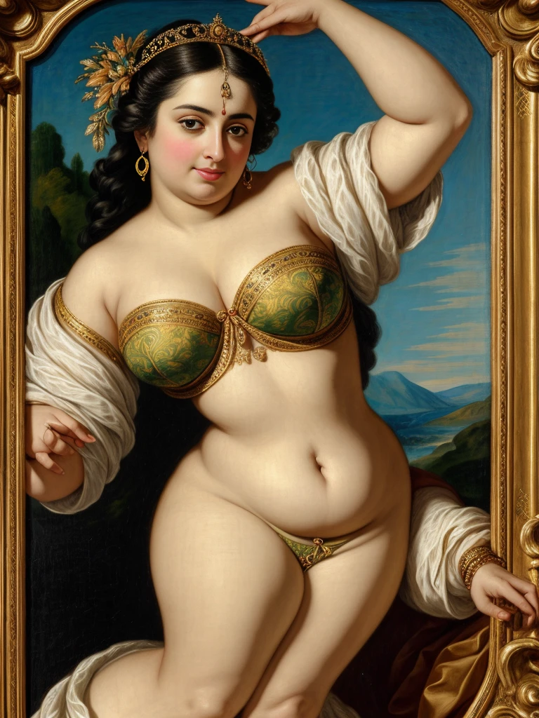 Looks like Anushka Shetty, thick figure, heavy physique, Masterpiece, thick figure heavy figure, curvy, voluptuous, sexy navel folds, Best quality, high clarity eyes, critically flawless,sharp picture, Full portrait, High pixels, perfect face, perfect eyes, beautiful face, perfect hands,perfect fingers, in Peter Paul Rubens style, by Peter Paul Rubens, baroque style, acrylic on canvas, highly detailed, description: "Create a nymph inspired by the tales of Greek or Roman mythology, embodying the essence of a natural element or location, and possessing a unique ability or trait that sets her apart.", strapless Bra of ancient times, strapless bralette, armpits showing,