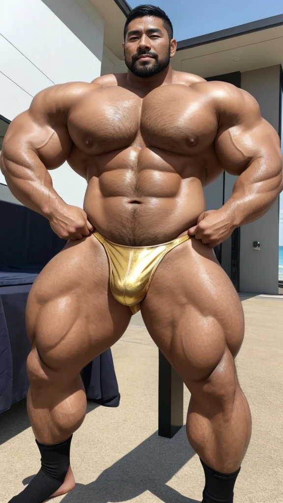 There is only one handsome Asian actor in the photo,35 years old,High target, Fitness,short hair, O-Shaped Beard,Perfect body, Dark skin color,Radiant Skin,Smooth skin,Muscle bulge, muscular, Very large pectoral muscles,Very sexy abdominal muscles,Very well-developed leg muscles,Huge concave and convex area,Brightens oily skin,Wearing a gold leather shiny thong,Handsome face, Correct and accurate male body proportions, Wear black socks,Holiday by the sea。