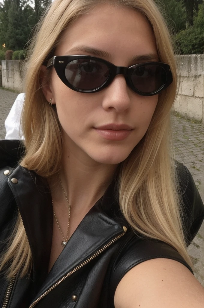 Photo en mode selfie, beautiful blonde ,very detailed, 20 ans, portant des lunettes de soleil, portant un blouson en cuir noir, natural beauty, visage innocent, Longhaire, high resolution, head of'artwork, best quality, intricate details, very detailed, sharpness, detailed skin, texture de peau realistic, texture, detailed eyes, Professionnel, 4K, charming smile, shot with Canon, 85mm, shallow depth of field, Kodak Vision Color, corps parfaitement ajusté , extremely detailed, la photographie_(ultra), photorealistic, realistic, Post-traitement, Maximum details, roughness, real life, ultra realistic, photorealism, la photographie, 8K UHD, la photographie, tetas grandes