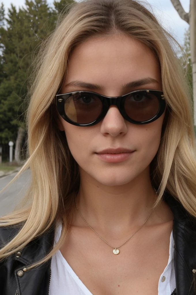 Photo en mode selfie, beautiful blonde ,very detailed, 20 ans, portant des lunettes de soleil, portant un blouson en cuir noir, natural beauty, visage innocent, Longhaire, high resolution, head of'artwork, best quality, intricate details, very detailed, sharpness, detailed skin, texture de peau realistic, texture, detailed eyes, Professionnel, 4K, charming smile, shot with Canon, 85mm, shallow depth of field, Kodak Vision Color, corps parfaitement ajusté , extremely detailed, la photographie_(ultra), photorealistic, realistic, Post-traitement, Maximum details, roughness, real life, ultra realistic, photorealism, la photographie, 8K UHD, la photographie, tetas grandes