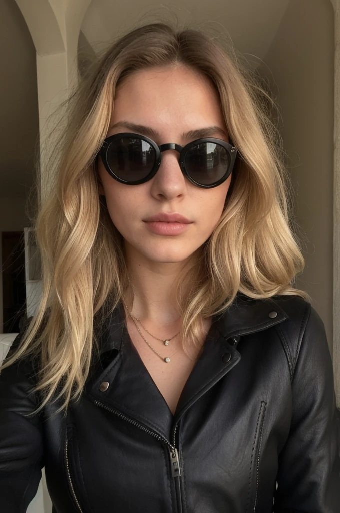 Photo en mode selfie, beautiful blonde ,very detailed, 20 ans, portant des lunettes de soleil, portant un blouson en cuir noir, natural beauty, visage innocent, Longhaire, high resolution, head of&#39;artwork, best quality, intricate details, very detailed, sharpness, detailed skin, texture de peau realistic, texture, detailed eyes, Professionnel, 4K, charming smile, shot with Canon, 85mm, shallow depth of field, Kodak Vision Color, corps parfaitement ajusté , extremely detailed, la photographie_(ultra), photorealistic, realistic, Post-traitement, Maximum details, roughness, real life, ultra realistic, photorealism, la photographie, 8K  UHD, la photographie, tetas grandes