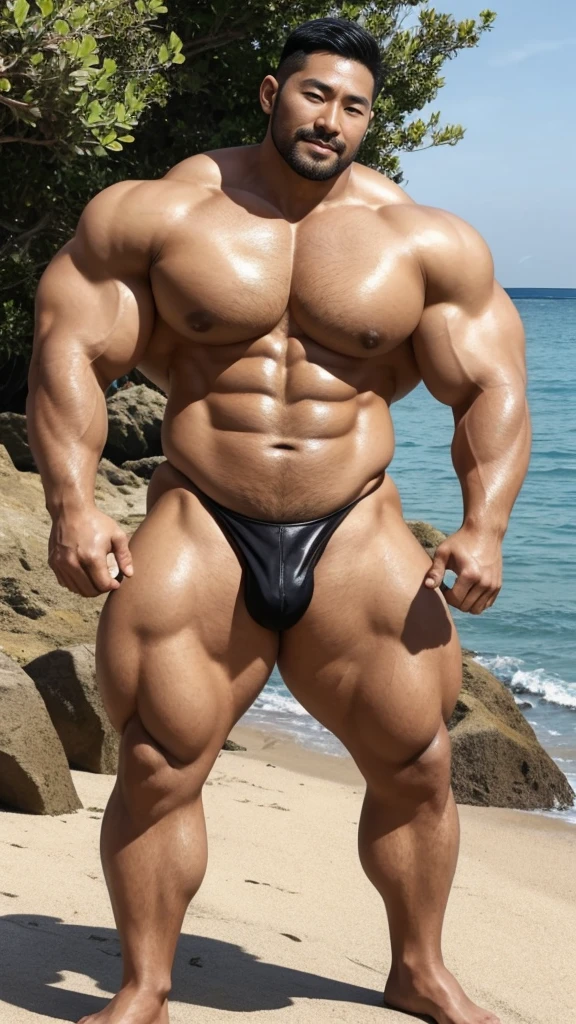 There is only one handsome Asian actor in the photo,35 years old,High target, Fitness,short hair, O-Shaped Beard,Perfect body, Dark skin color,Radiant Skin,Smooth skin,Muscle bulge, muscular, Very large pectoral muscles,Very sexy abdominal muscles,Very well-developed leg muscles,Huge concave and convex area,Brightens oily skin,Wearing a gold leather shiny thong,Handsome face, Correct and accurate male body proportions, Wear black socks,Holiday by the sea。