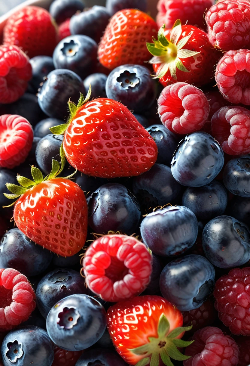 a close-up shot of a bowl filled with assorted berries like blueberries, strawberries, raspberries, a cozy kitchen background, photography, illustration, 3d render, ultra hd detail, sharpen details, painting, Digital painting, Cinematic, Hyper-detailed, insane details, Beautifully color graded, Unreal Engine, DOF, Super-Resolution, Megapixel, Cinematic Lighting, Anti-Aliasing, FKAA, TXAA, RTX, SSAO, Post Processing, Post Production, Tone Mapping, CGI, VFX, SFX, Insanely detailed and intricate, Hyper maximalist, Hyper realistic, Volumetric, Photorealistic, ultra photoreal, ultra-detailed, intricate details, 8K, Super detailed, Full color, Volumetric lighting, HDR, Realistic, Unreal Engine, 16K, Sharp focus, —v testp