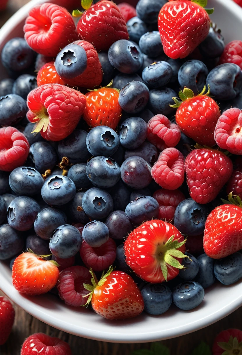 a close-up shot of a bowl filled with assorted berries like blueberries, strawberries, raspberries, a cozy kitchen background, photography, illustration, 3d render, ultra hd detail, sharpen details, painting, Digital painting, Cinematic, Hyper-detailed, insane details, Beautifully color graded, Unreal Engine, DOF, Super-Resolution, Megapixel, Cinematic Lighting, Anti-Aliasing, FKAA, TXAA, RTX, SSAO, Post Processing, Post Production, Tone Mapping, CGI, VFX, SFX, Insanely detailed and intricate, Hyper maximalist, Hyper realistic, Volumetric, Photorealistic, ultra photoreal, ultra-detailed, intricate details, 8K, Super detailed, Full color, Volumetric lighting, HDR, Realistic, Unreal Engine, 16K, Sharp focus, —v testp

