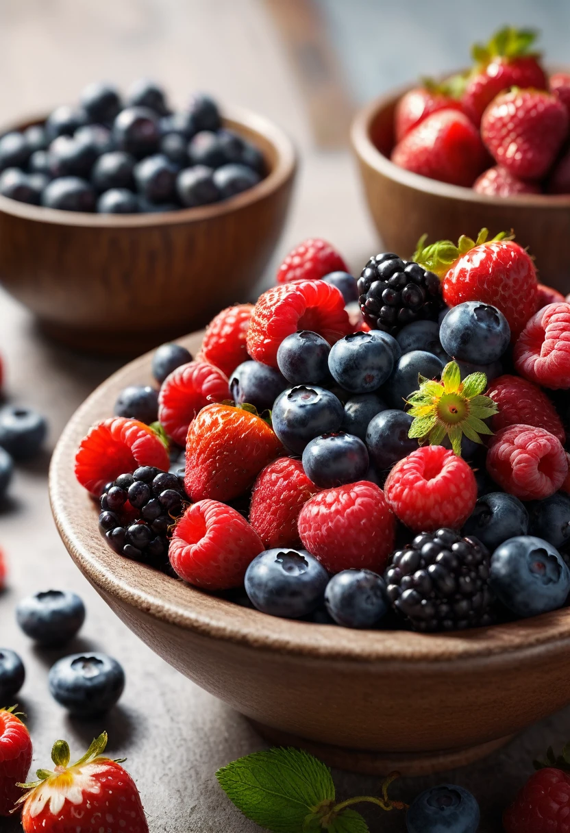 a close-up shot of a bowl filled with assorted berries like blueberries, strawberries, raspberries, a cozy kitchen background, photography, illustration, 3d render, ultra hd detail, sharpen details, painting, Digital painting, Cinematic, Hyper-detailed, insane details, Beautifully color graded, Unreal Engine, DOF, Super-Resolution, Megapixel, Cinematic Lighting, Anti-Aliasing, FKAA, TXAA, RTX, SSAO, Post Processing, Post Production, Tone Mapping, CGI, VFX, SFX, Insanely detailed and intricate, Hyper maximalist, Hyper realistic, Volumetric, Photorealistic, ultra photoreal, ultra-detailed, intricate details, 8K, Super detailed, Full color, Volumetric lighting, HDR, Realistic, Unreal Engine, 16K, Sharp focus, —v testp