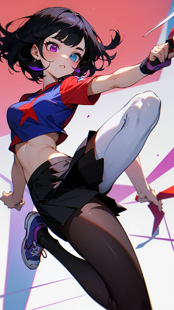 Tall girl with black hair that has heterochromia eyes, one blue and one red and one of them has a red star,Purple t-shirt and sports shoes With a black skirt and white pantyhose with a knife in her hand