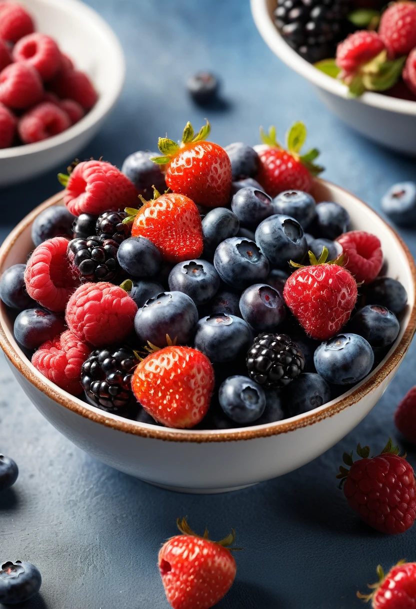 a close-up shot of a bowl filled with assorted berries like blueberries, strawberries, raspberries, a cozy kitchen background, photography, illustration, 3d render, ultra hd detail, sharpen details, painting, Digital painting, Cinematic, Hyper-detailed, insane details, Beautifully color graded, Unreal Engine, DOF, Super-Resolution, Megapixel, Cinematic Lighting, Anti-Aliasing, FKAA, TXAA, RTX, SSAO, Post Processing, Post Production, Tone Mapping, CGI, VFX, SFX, Insanely detailed and intricate, Hyper maximalist, Hyper realistic, Volumetric, Photorealistic, ultra photoreal, ultra-detailed, intricate details, 8K, Super detailed, Full color, Volumetric lighting, HDR, Realistic, Unreal Engine, 16K, Sharp focus, —v testp