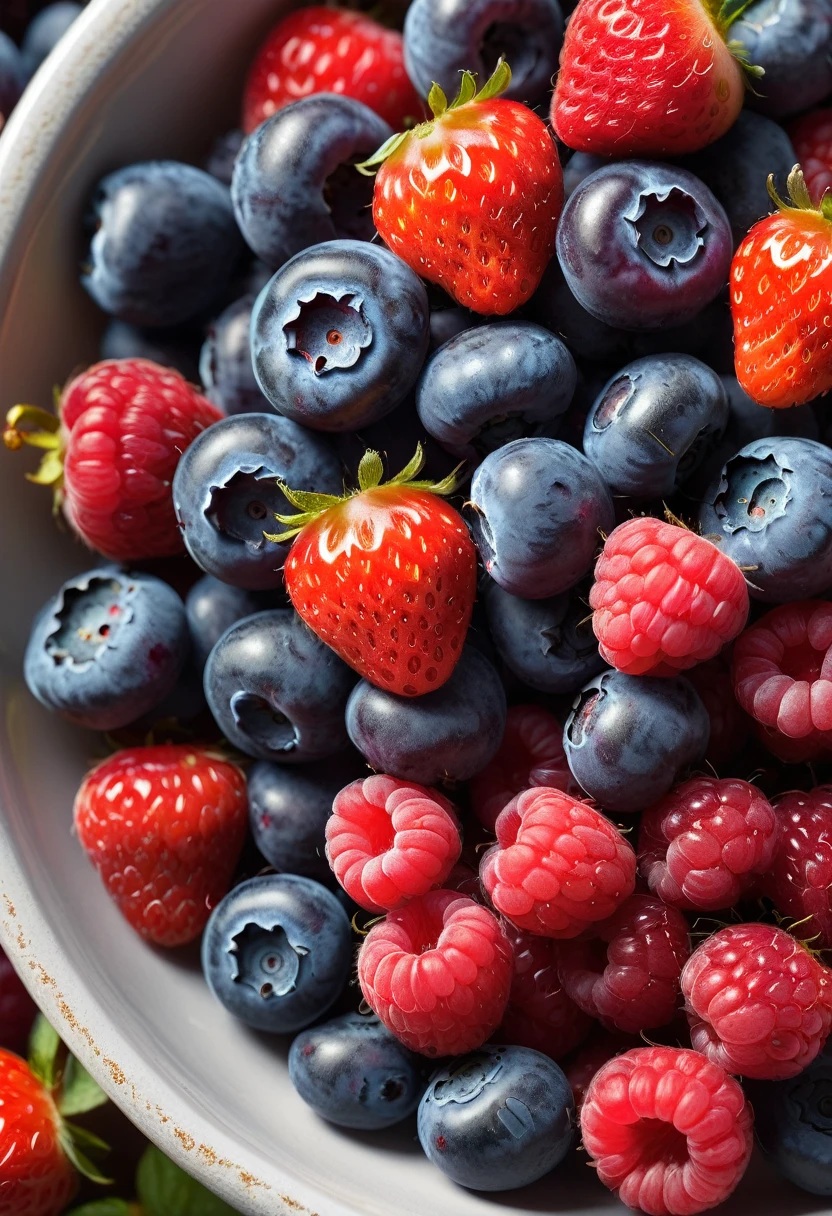 a close-up shot of a bowl filled with assorted berries like blueberries, strawberries, raspberries, a cozy kitchen background, photography, illustration, 3d render, ultra hd detail, sharpen details, painting, Digital painting, Cinematic, Hyper-detailed, insane details, Beautifully color graded, Unreal Engine, DOF, Super-Resolution, Megapixel, Cinematic Lighting, Anti-Aliasing, FKAA, TXAA, RTX, SSAO, Post Processing, Post Production, Tone Mapping, CGI, VFX, SFX, Insanely detailed and intricate, Hyper maximalist, Hyper realistic, Volumetric, Photorealistic, ultra photoreal, ultra-detailed, intricate details, 8K, Super detailed, Full color, Volumetric lighting, HDR, Realistic, Unreal Engine, 16K, Sharp focus, —v testp


