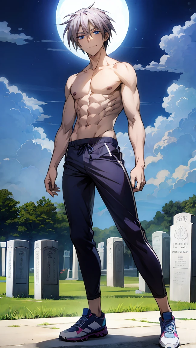 ayumu aikawa, gray hair, blue eyes, manly face, smile, shirtless, slim, fit, abs, closed mouth, outdoors, sky, day, briefs, cloud, pants, full body, frontal shot, sport shoes, cemetery, moon, night,