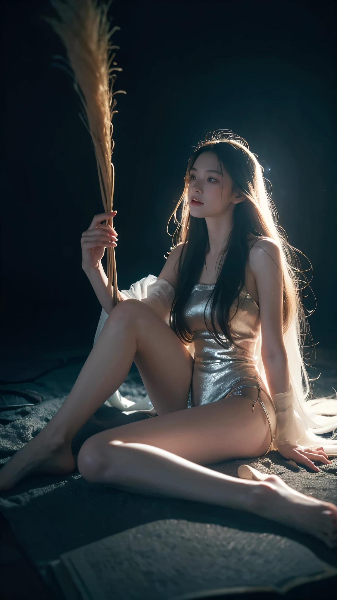 ((For the world,You may be alone,But for someone,You could be the whole world, paradox, Adrian Genius, Jenny Savile, Edward Hope, The Dark Arts of James Jean, Takato Yamamoto)),(RAW photos, best quality), ((Nostalgia,1980s Style)),(A girl with a literary atmosphere:1.2),(Practical, photo-Practical:1.3), Extremely refined, Astonishing, Fine details, masterpiece, Extremely detailed, high resolution,Best Illustration Award, The best shadow,complex,Depth of Field,1 Girl,(Long legs:1.4),Long hair,Messy hair,((((Low profile,Dark scenes,Dark)))),fat,(((Soft lighting:1.4))),(Pale skin:1.4),(Shy laugh),(angle),Clear focus, Volumetric Fog, 8K Ultra HD, Digital SLR Camera, high quality,( Film Grain:1.4), Fuji XT3,(Looking at the audience)