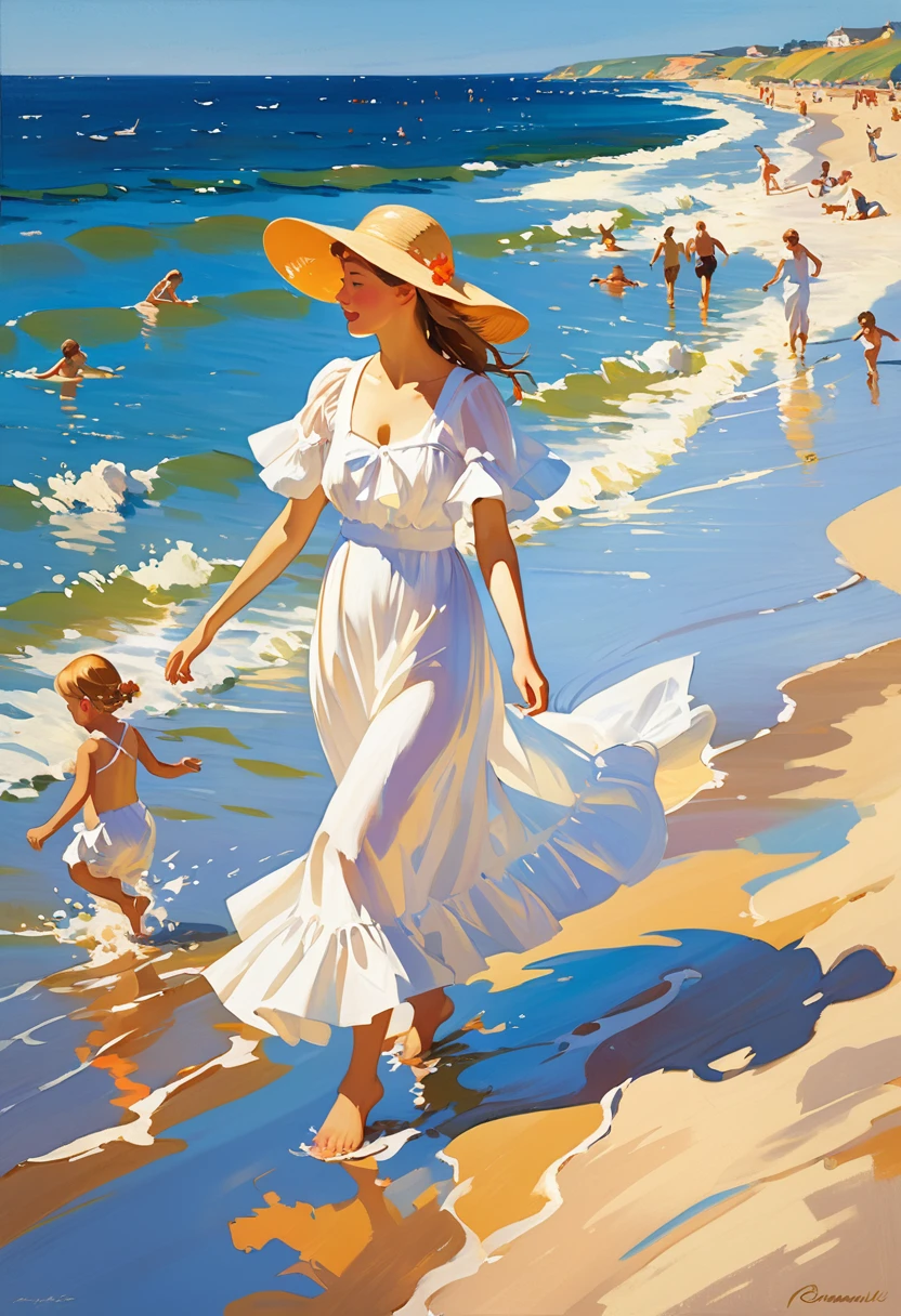  create an image of a sunlit beach scene with people enjoying a summer day, painted in the style of Joaquín Sorolla. Include elements such as children playing near the water, women in flowing white dresses, and men in casual summer attire. The scene should be bathed in bright, warm sunlight with vibrant, impressionistic brushstrokes capturing the movement of the waves and the shimmer of the water. The colors should be bright and vivid, emphasizing the contrast between the deep blue of the sea and the golden sands of the beach. #midjourney #summer #facebookart