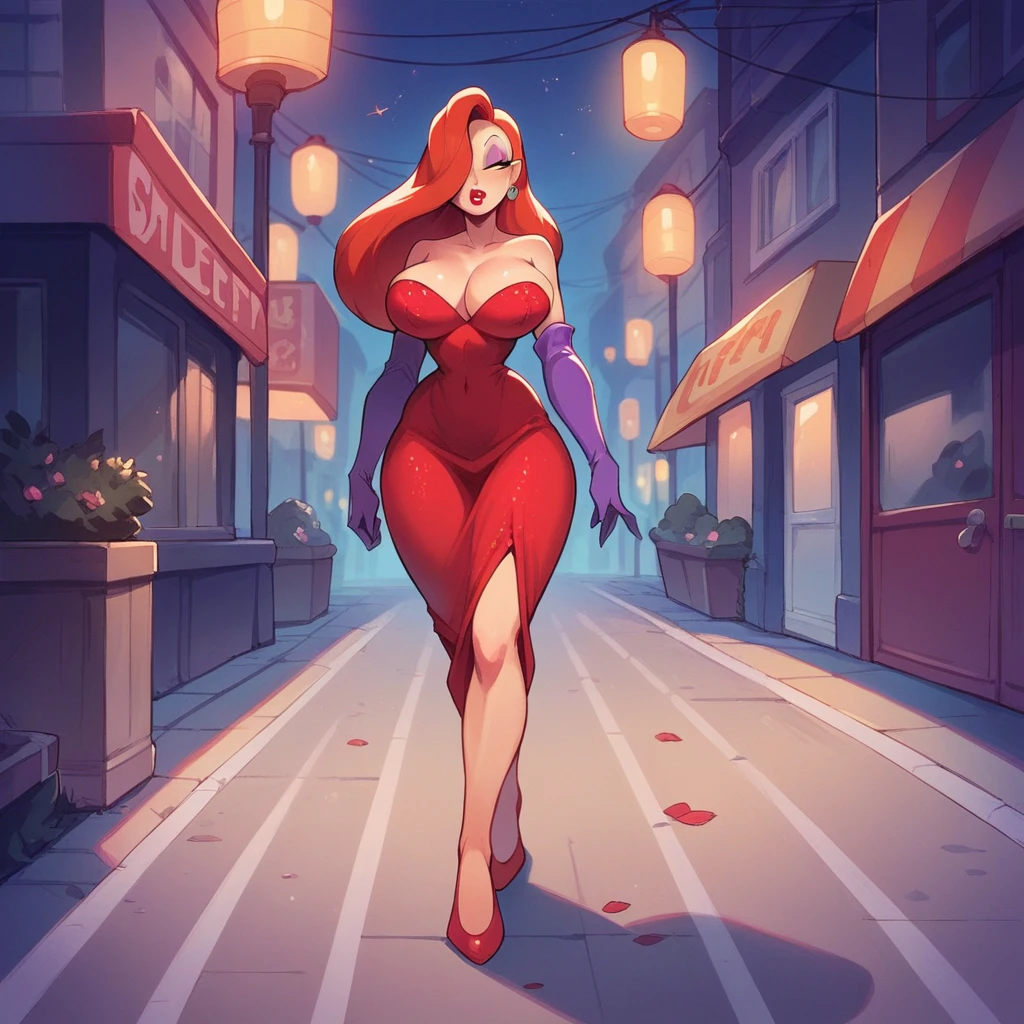 Jessica Rabbit as a prostitute, she has big tits and a big ass, she wears red dress and long boots, street, night