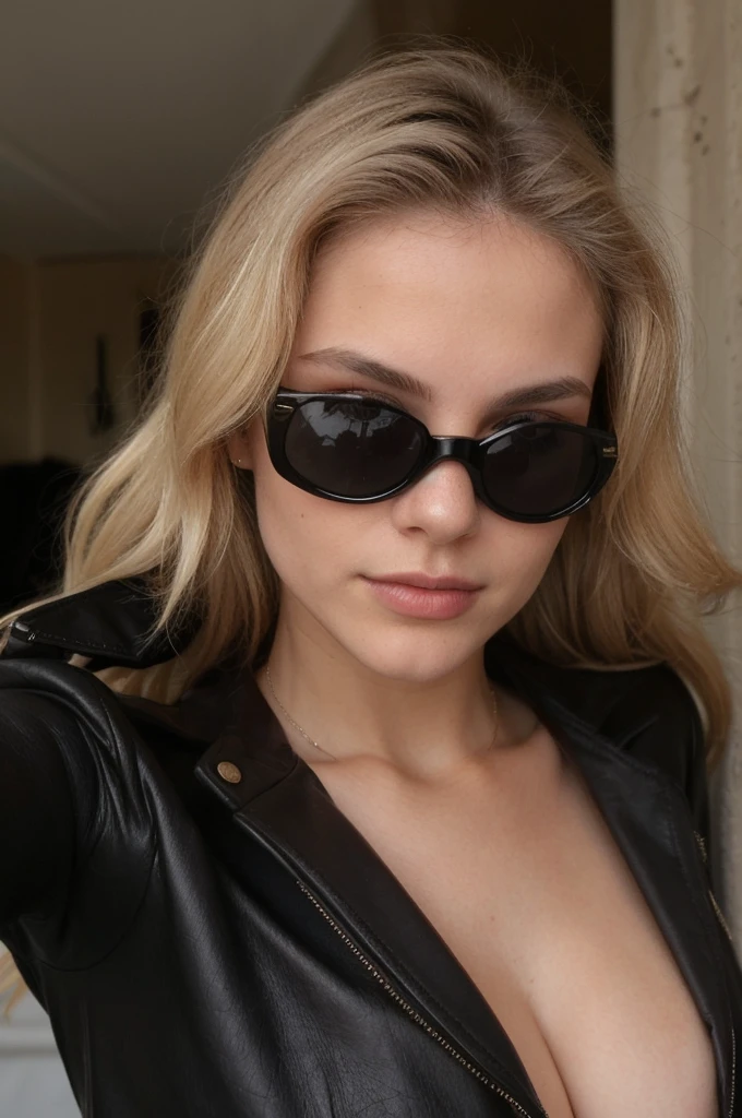 Photo en mode selfie, beautiful blonde ,very detailed, 20 ans, portant des lunettes de soleil, portant un blouson en cuir noir, natural beauty, visage innocent, Longhaire, high resolution, head of'artwork, best quality, intricate details, very detailed, sharpness, detailed skin, texture de peau realistic, texture, detailed eyes, Professionnel, 4K, charming smile, shot with Canon, 85mm, shallow depth of field, Kodak Vision Color, corps parfaitement ajusté , extremely detailed, la photographie_(ultra), photorealistic, realistic, Post-traitement, Maximum details, roughness, real life, ultra realistic, photorealism, la photographie, 8K UHD, la photographie, tetas grandes