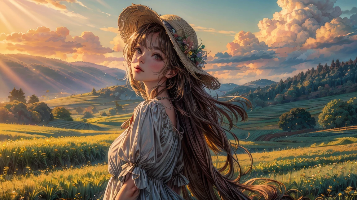 Far view, Wide view, Wheat field, a beautiful girl standing in a wheat field, long hair, red lip, sparking eyes, beautiful face, long dress, white dress, wear hat, flowers, wind, big clouds, blue sky, rice field, neat rice seedlings in the field, forest, hillside, secluded, countryside, HD detail, hyper-detail, cinematic, surrealism, soft light, deep field focus bokeh, ray tracing and surrealism, morning, warm sun, 8k, soft sun, detail, meticulous, perfect details, perfect composition, detailed facial description, middle face, beautiful