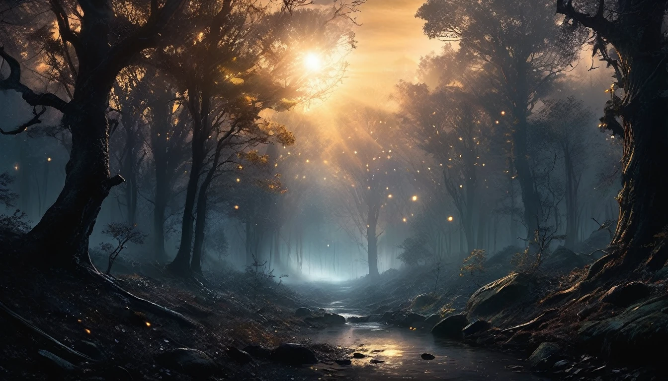 dark fantasy world where the dust sparkles beautifully under the Tyndall effect, midst of a dense forest, heart of dark and enchanted, Tyndall effect brings to life the particles of dust, mundane dust into a dazzling display, to the already fantastical setting wish, sun sets and darkness descends upon, hauntingly beautiful scene,