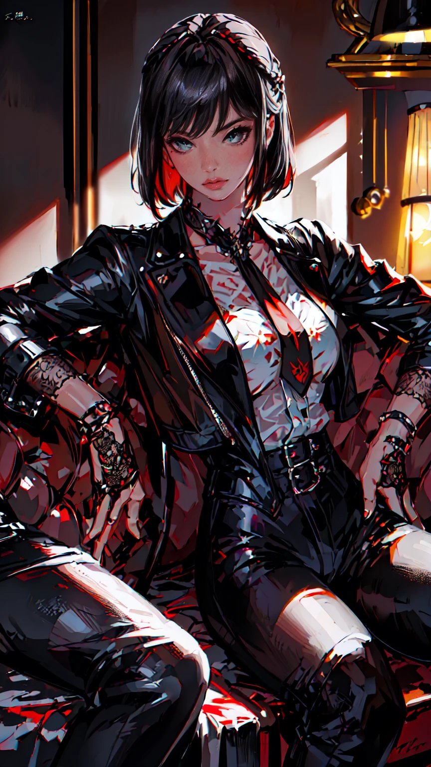 (Masterpiece, Best Quality, Ultra High Resolution , Digital Art,Beautiful and Aesthetic ) . ( One Fashionable adult girl with a short oblique bob, slender figure, expressive and dominating look ) in modern men's suit in youth style , matte black color , lovely thin white but long tie , (silk thick threads of red color connect the necklines on the sides of the whole suit) , . The character sits on a large massive sofa with lots of leather and metal patterns on it in vintage style , an interesting and atmospheric pose that characterizes the character ,(Photorealistic style combined 2.5D . Realistic picture , realistic anatomy , beautiful perspective . Best image quality , depth , pastel color , Natural shading , focus on the face , Big Hair ( black with red gelding ) , well detailed eyes , detailed background in modern boudoir style . ) 