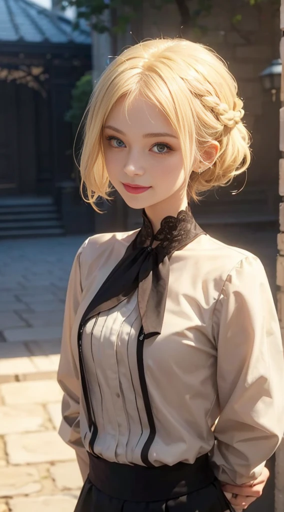 Unparalleled beauty, Glossy and firm skin, Light blonde hair, Beautiful and nice girl,kindly smile,Short hair,french braid hair,