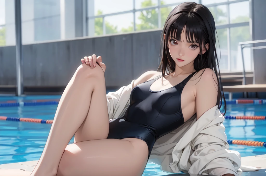 ((masterpiece, best quality)),((highres:1.2)), 1 Girl, solo, Blurred Background, (((Small breasts))), Thighs, (Stripe underwear), (One piece swimsuit), pool, (swimming) 