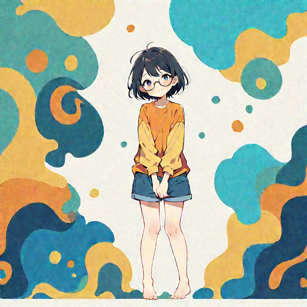 11 yo girl in house,Simple lineinimalism,Abstract Art, urge to pee, covering crotch with two hands, knees together, feet apart, open eyes, orange shirt, yellow arm warmers, shorts, wearing glasses, full-body view, standing upright, barefoot, full-body view