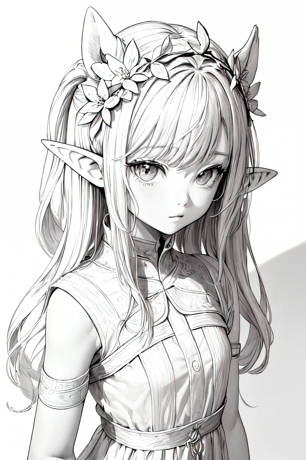 beautiful elf, flower crown, pale dress, no shadow, no color, gray scale, white background, black and white, crips black line, sharp line, coloring book page simple and clean line art