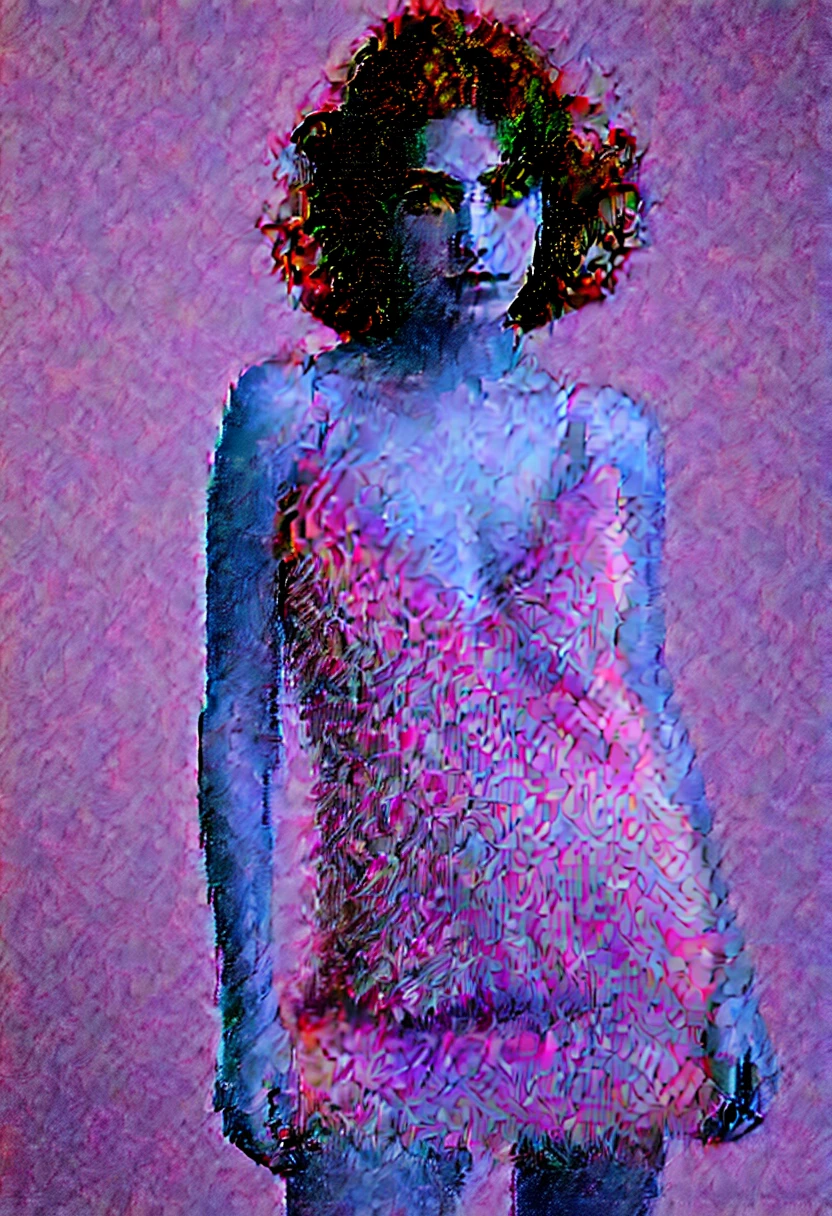 Jewish woman, black hair, black eyes, completely unkempt hairy body, wears a pink low-cut dress