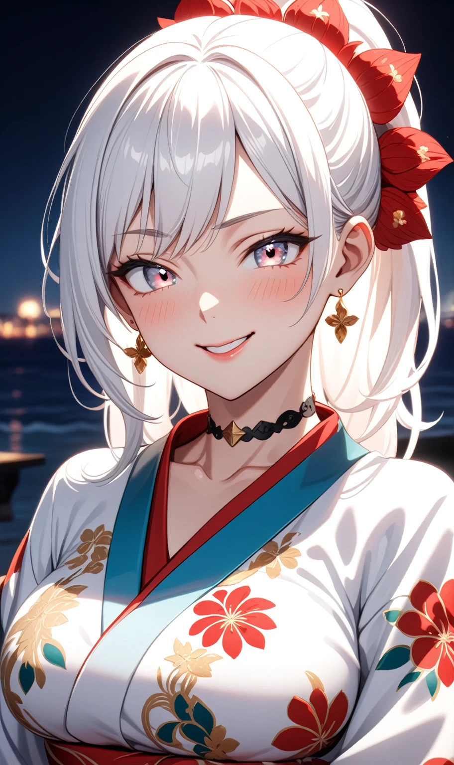 ((One personの女性)), Beautiful Face, embarrassed, (smirk), ((Wink:1.8)), Laugh with your mouth wide open,((Bright red cheeks:1.4)),Shiny red lips,night,coastal,You can see the ocean, firework,Laughing with your mouth open,Glossy pink lips,Facial lighting,((Anime style background)),masterpiece, Highest quality, so beautiful,up to date, Complex details, (Pink long nails), (ring),(bracelet),(choker),AI-generated, Complex,High resolution, Highest quality, super high quality,3D Images、3D Images,One person,Long white hair,High Ponytail,(blue eyes),Anime woman posing for a photo, ((Fine grain、Silvery white colorful eyes、Shining Eyes:1.3)),(Squint your eyes:1.1),a hyperRealistic , hyperRealistic , Realistic,Anime woman with long white hair, Smooth anime CG art, A woman in a colorful kimono with gold embroidery, (Black long sleeve kimono),Red floral pattern,Long flower hair ornament,Earrings,Mature Body,(Big Breasts:1.1),Tall,Abdominal muscles,Narrow waist,(Zoom up to face:1.6),(front view),