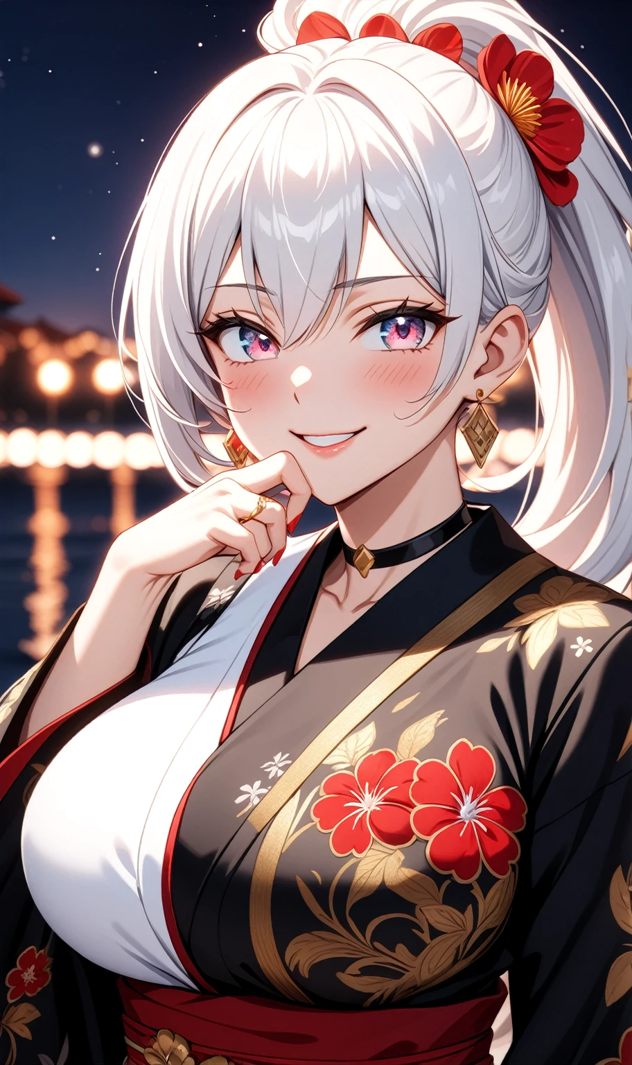 ((One personの女性)), Beautiful Face, embarrassed, (smirk), ((Wink:1.8)), Laugh with your mouth wide open,((Bright red cheeks:1.4)),Shiny red lips,night,coastal,You can see the ocean, firework,Laughing with your mouth open,Glossy pink lips,Facial lighting,((Anime style background)),masterpiece, Highest quality, so beautiful,up to date, Complex details, (Pink long nails), (ring),(bracelet),(choker),AI-generated, Complex,High resolution, Highest quality, super high quality,3D Images、3D Images,One person,Long white hair,High Ponytail,(blue eyes),Anime woman posing for a photo, ((Fine grain、Silvery white colorful eyes、Shining Eyes:1.3)),(Squint your eyes:1.1),a hyperRealistic , hyperRealistic , Realistic,Anime woman with long white hair, Smooth anime CG art, A woman in a colorful kimono with gold embroidery, (Black long sleeve kimono),Red floral pattern,Long flower hair ornament,Earrings,Mature Body,(Big Breasts:1.1),Tall,Abdominal muscles,Narrow waist,(Zoom up to face:1.6),(front view),