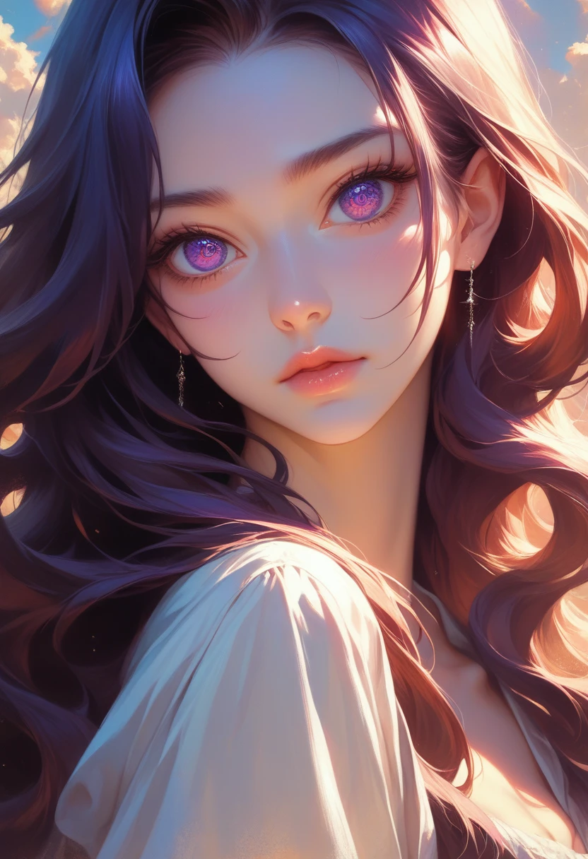 a anime girl with long hair and purple eyes, colorized photo by Rei Kamoi, trending on pixiv, remodernism, official art, ultra detailed, anime, beautiful detailed eyes, beautiful detailed lips, extremely detailed face, long eyelashes, portrait, digital painting, vibrant colors, warm lighting, cinematic composition, photorealistic, high quality, masterpiece, hyper detailed, 8k, best quality