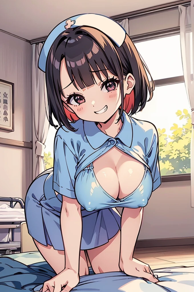 (8K、Highest quality、highest quality、masterpiece)、Detailed face、One girl、 Black Hair、short hair、、blunt bangs、Grey Eyes、evil smile、((Grin))、((camisole))、((One piece skirt))、Cowboy Shot、((bent over))、hospital、Hospital room、Very large 、cheeks are bright red、Blushing、in trouble、White nurse uniform、Cleavags are visre breasts,nurse cap,bare