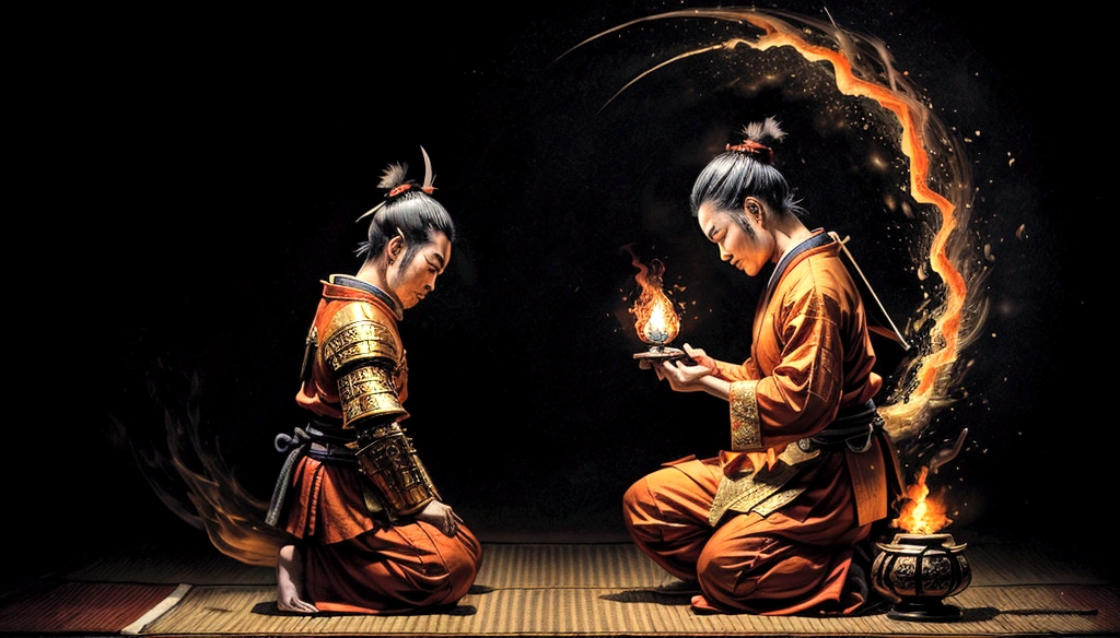 samurai kneeling in prayer position kneeling,wering orange and black cloting, fantasy, front of a flame of fire on a candlestick gold on a low chatbudai, a japanese style house an environment at nigth this samurai is bein illuminated by the flame of that, holding