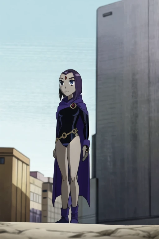 raven (dc), purple eyes, grey skin, forehead jewel, cape, leotard,