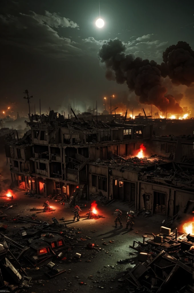 Warhammer 40k, death Korps of the Krieg, Walking at night, red smoke around, place torn apart by war,