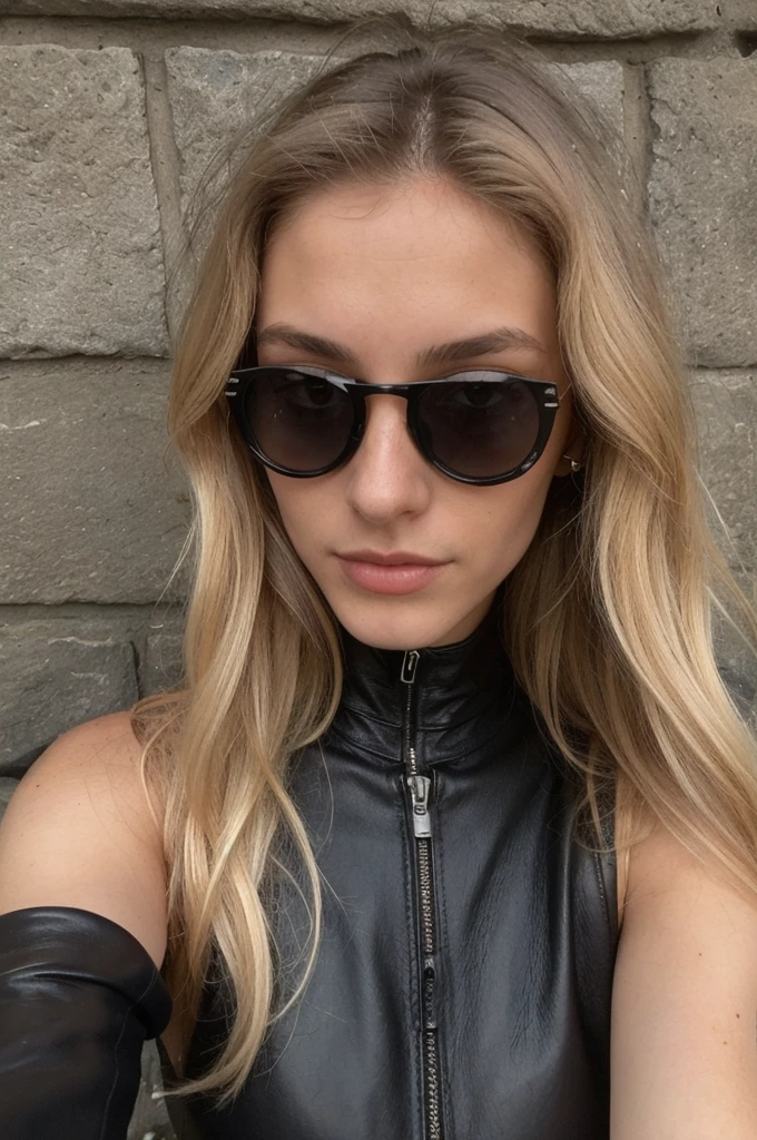 Photo en mode selfie, beautiful blonde ,very detailed, 20 ans, portant des lunettes de soleil, wearing a black leather jumpsuit, natural beauty, visage innocent, Longhaire, high resolution, head of'artwork, best quality, intricate details, very detailed, sharpness, detailed skin, texture de peau realistic, texture, detailed eyes, Professionnel, 4K, charming smile, shot with Canon, 85mm, shallow depth of field, Kodak Vision Color, corps parfaitement ajusté , extremely detailed, la photographie_(ultra), photorealistic, realistic, Post-traitement, Maximum details, roughness, real life, ultra realistic, photorealism, la photographie, 8K UHD, la photographie, tetas grandes