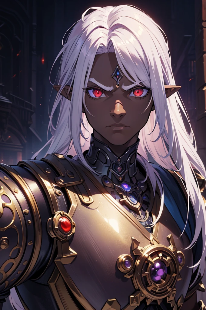 ((best quality)), ((masterpiece)), (detailed),8k, ((1boy)), ((mechanical armor)), (dungeonpunk),(steampunk), (serious), dark skinned, human, upper body, portrait, red eyes, perfect eyes, long white hair, Xemnas from Kingdom Hearts, half-drow, pointy ears, serious face, dramatic lighting, purple hue, art by Kinema Citrus