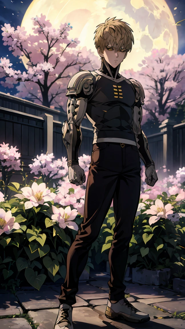 absurdres, highres, ultra detailed, HDR, master piece, best quality, Genos, expressive yellow eyes, ash-blonde hair, one punch man, solo, man, handsome, moon, fireflies, blossoms, spring, pink flowers, full body, frontal shot, sport shoes, 