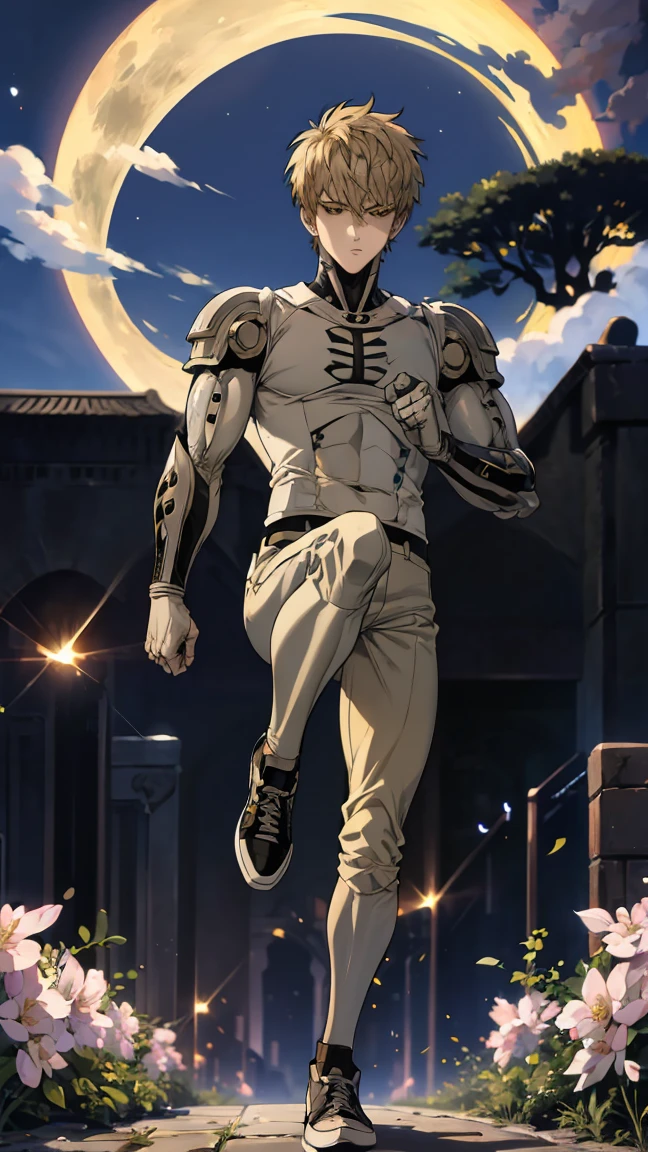 absurdres, highres, ultra detailed, HDR, master piece, best quality, Genos, expressive yellow eyes, ash-blonde hair, one punch man, solo, man, handsome, moon, fireflies, blossoms, spring, pink flowers, full body, frontal shot, sport shoes, 