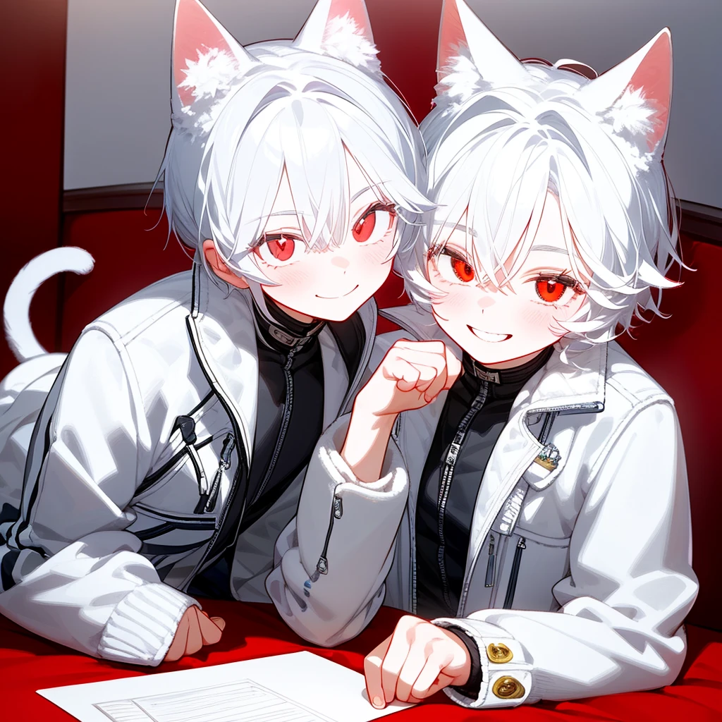 A cat boy, With white hair, red eyes, smiling photo pose , wearing jacket, bust up,cute boy