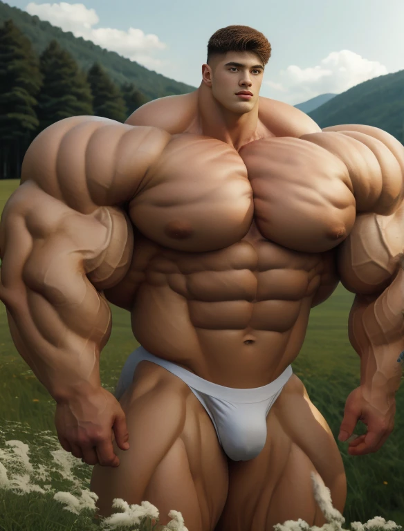 1boy, giant, bodybuilding pose, stand, illuminating light, strong body, bulk, large size, staring, fully-exposed, outdoor, at the countryside meadows, nude, white triangular underwear, prominent bulge, extraordinary big, brutalmass, giant, muscular body, bulk, buff, massive body, large meaty body size, extremely wide size