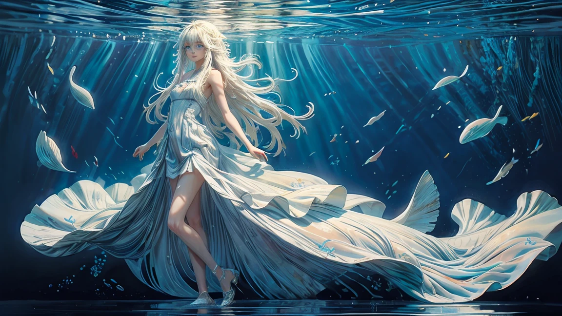 (muste piece), (best quality), very detailed, 1 girl, perfect face, (solo full body shot:1.3), very detailed顔,(white long hair:1.5),(blue eyes:1.4),(in water:1.4),(white dress:1.5),Ocean,coral reef,School of small fish,light,bubble,jellyfish,Ocean藻,(深Ocean:1.4),fantasy,Ocean底,float
