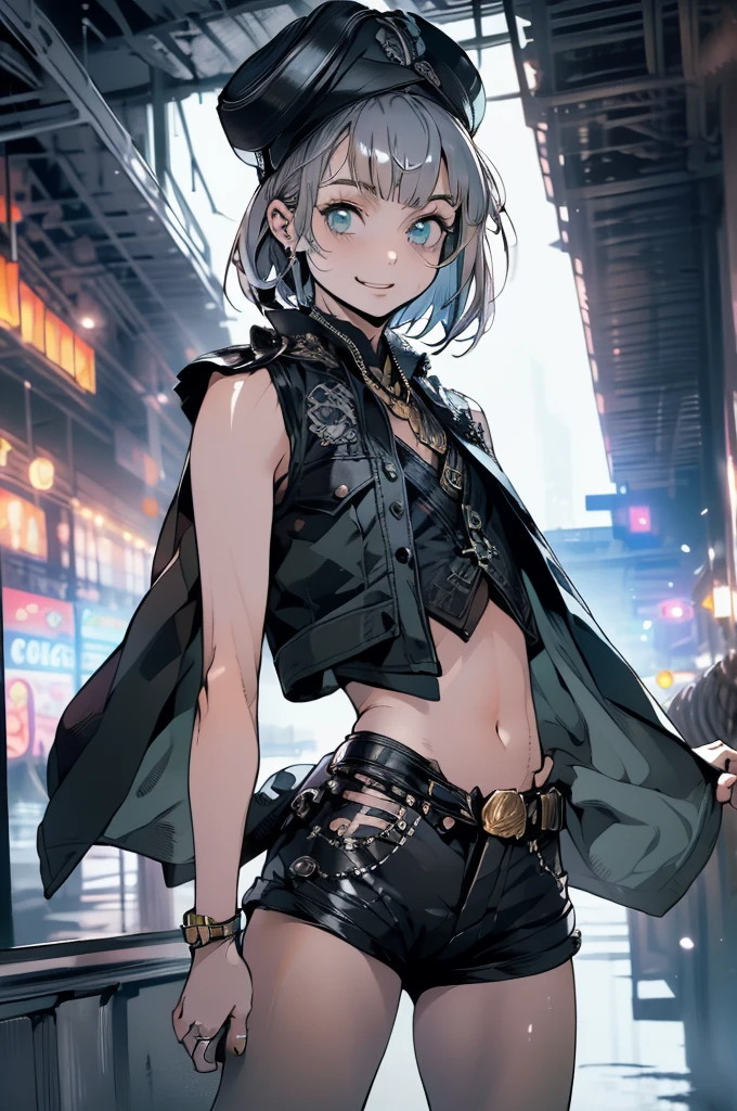 (masterpiece, very high quality, perfect anatomy) medieval world, 1 man, young, slender, small, thick thighs short silver hair, bangs, sea green eyes (black pirate hat, black vest, short leather shorts) exposed belly, in a port with a pirate ship in the background, slutty smile, flushed face, excited expression, erotic, bitch