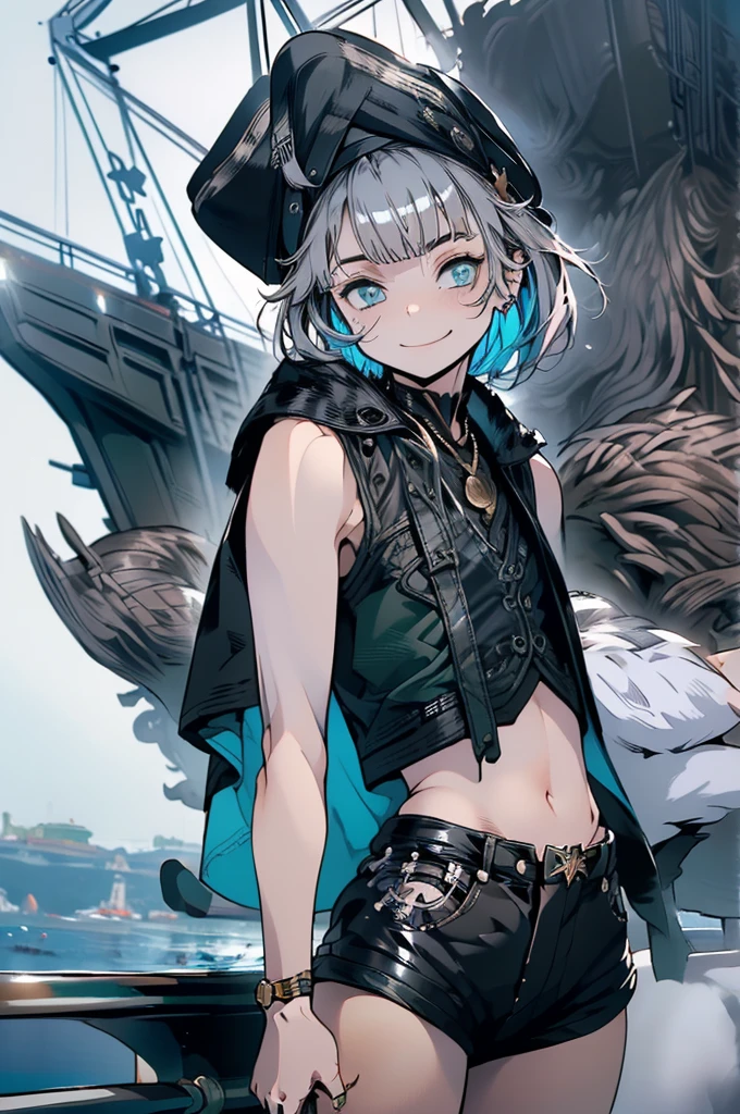 (masterpiece, very high quality, perfect anatomy) medieval world, 1 man, young, slender, small, thick thighs short silver hair, bangs, sea green eyes (black pirate hat, black vest, short leather shorts) exposed belly, in a port with a pirate ship in the background, slutty smile, flushed face, excited expression, erotic, bitch