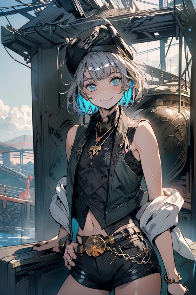 (masterpiece, very high quality, perfect anatomy) medieval world, 1 man, young, slender, small, thick thighs short silver hair, bangs, sea green eyes (black pirate hat, black vest, short leather shorts) exposed belly, in a port with a pirate ship in the background, slutty smile, flushed face, excited expression, erotic, bitch