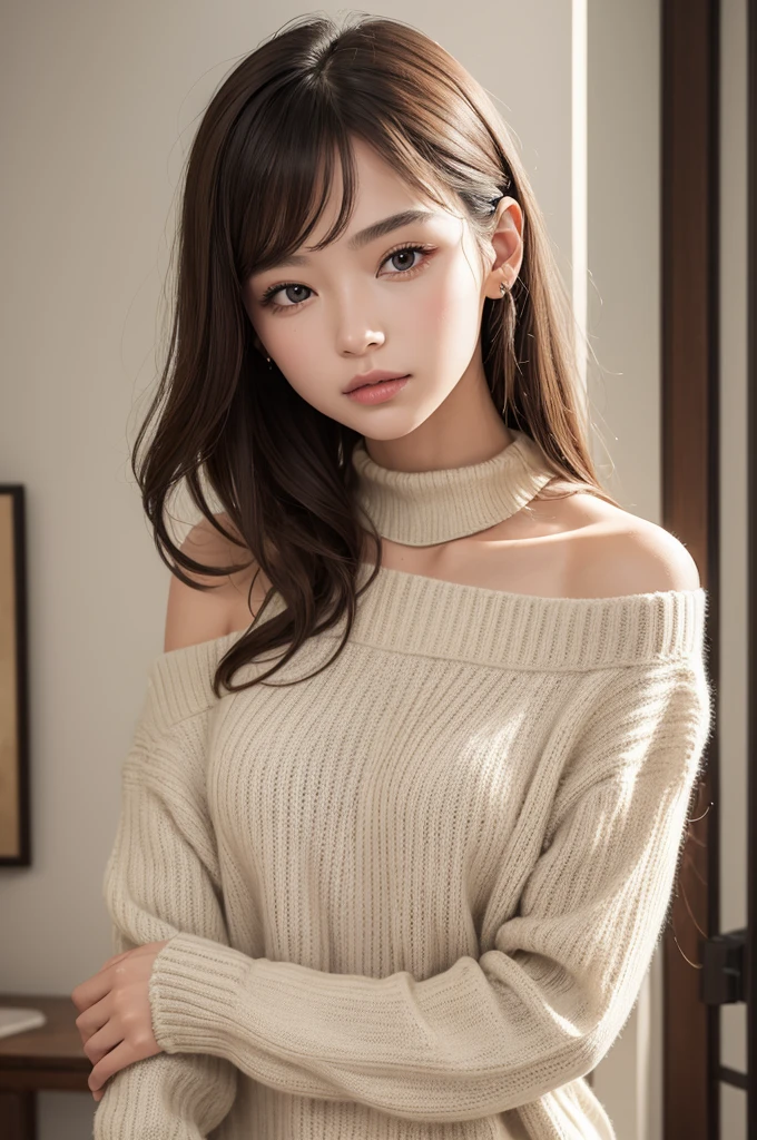 ((best qualityer)), ((work of art)), (detailded), 1 girl, shoulder to shoulder sweater, 