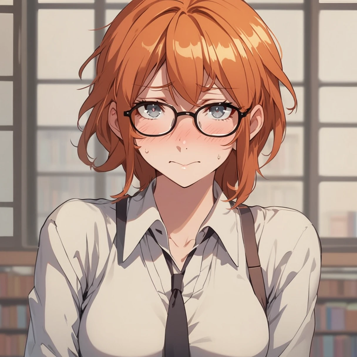 Adult female, short ginger hair, glasses, shy, grey eyes, embarrassed, library, highly detailed, perfect eyes, white shirt with thin black neck tie